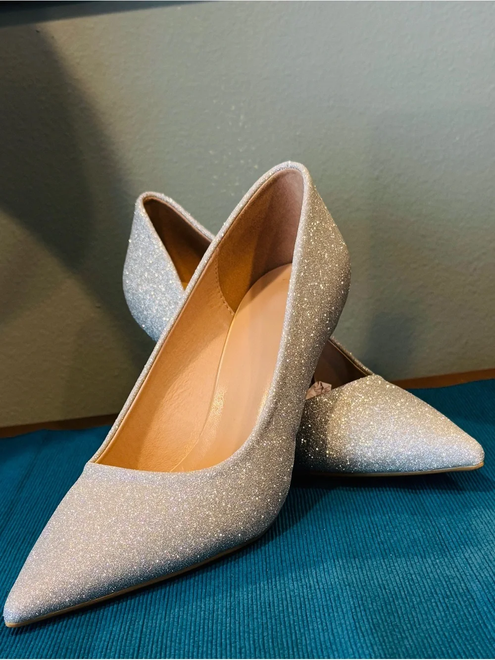Sparkle Pointed Pumps in Iridescent Silver with Sculpted Metallic Heel